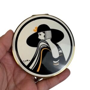 Vintage Stratton Compact Woman Hat & Scarf Art Deco‎ Enamel Gold Tone Metal C14Q